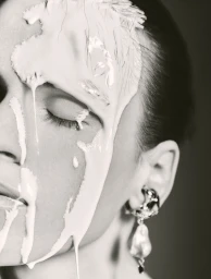 Close-up portrait of a model with white liquid dripping over her face and wearing a distinctive earring