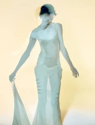 Model Sasha Marchenko in a sheer white dress against a pale background with multiple exposure blur effect by photographer Marcello Junior Dino.