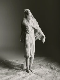 Model wearing a sheer lace dress with head covering standing on crinkled plastic sheeting in a studio setting