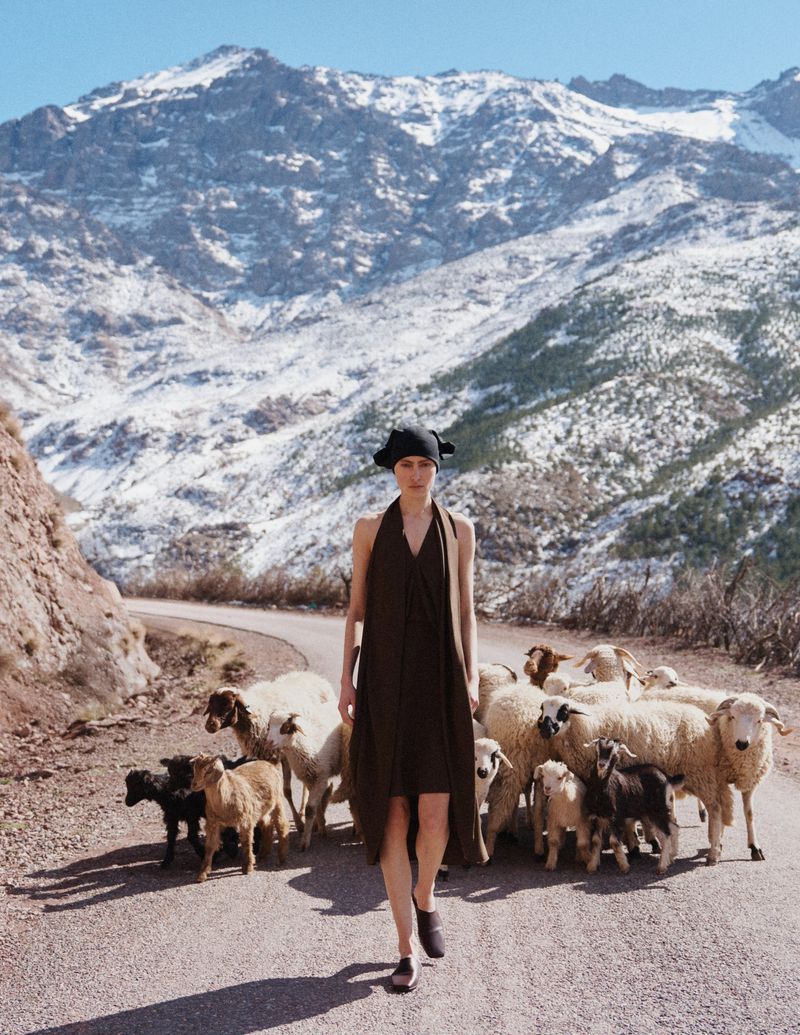 A woman in a brown dress walks on a road with a herd of sheep, set against a backdrop of a snowy mountain range on a sunny day.
