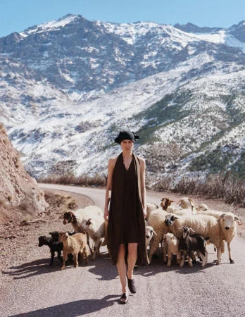 A woman in a brown dress walks on a road with a herd of sheep, set against a backdrop of a snowy mountain range on a sunny day.
