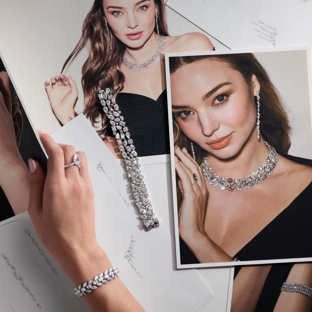 Close-up of fashion and jewelry advertisement featuring a model portrait, diamond necklace, bracelet, ring, and earring jewelry.