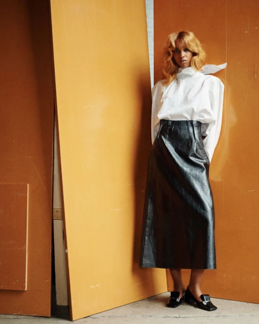 A stylish woman poses in a white blouse and long black skirt against a backdrop of golden walls and industrial interior, fashion.