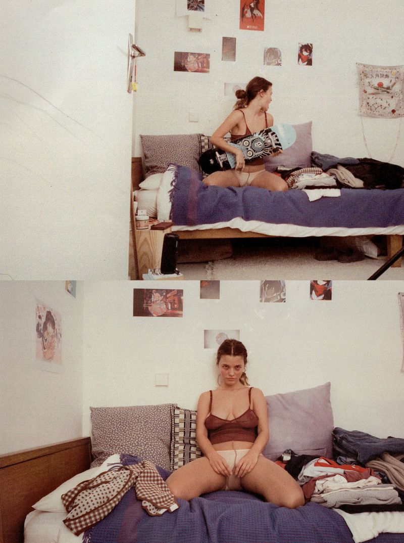 Two-panel shot of a young woman posing on a bed in a room; she sits with a skateboard in one image and faces forward in the other.