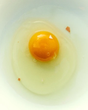 Overhead close-up shot of a raw egg with a bright yellow yolk sitting in the center of the egg white, inside a light blue bowl.