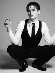 Young male model crouching in a black vest, white shirt, and tie against a plain grey seamless background.
