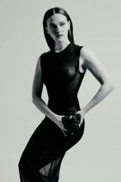 Portrait of actress Madeline Brewer wearing a black sleeveless dress and holding dark roses against a light studio backdrop.