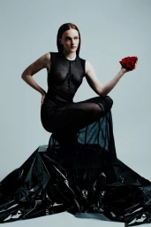 Model in a black sheer dress crouching on glossy black plastic while holding a bunch of red roses against a pale background