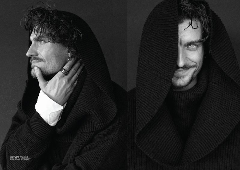Black and white diptych features a man in a hooded knit sweater. One side shows a profile view, the other a direct view. 