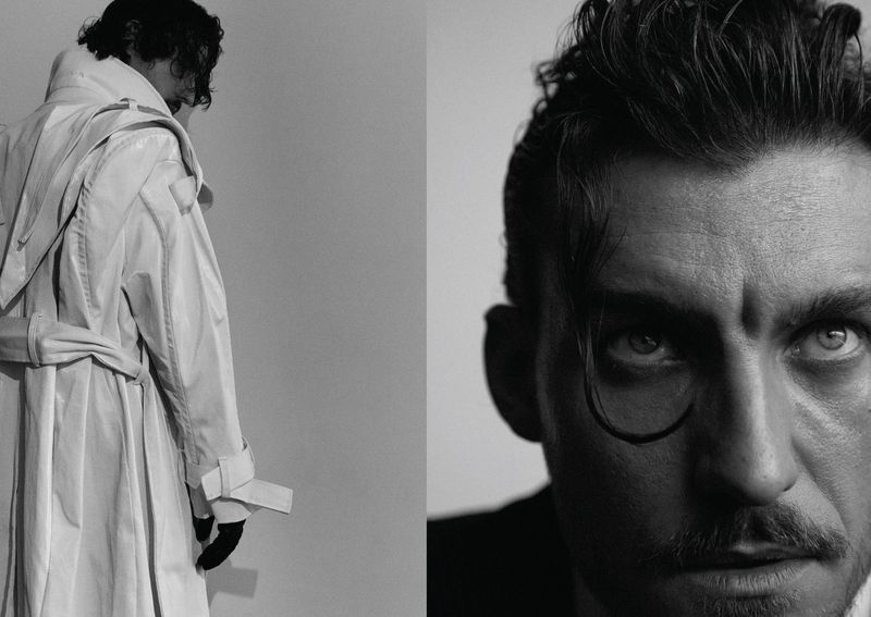 Black and white diptych featuring a man in a white trench coat and a close-up portrait of his face against a light studio backdrop