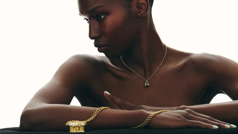Elegant portrait of an African American female wearing a gold pendant necklace and bracelet, set against a bright white background.