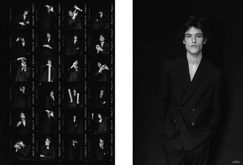 Monochrome fashion portrait of a young adult male in a suit against a dark backdrop, juxtaposed with a contact sheet of poses.