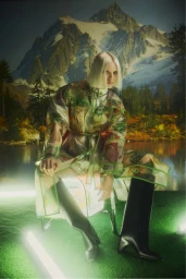 Blonde model in a patterned transparent coat and tall black boots seated against a painted mountain backdrop