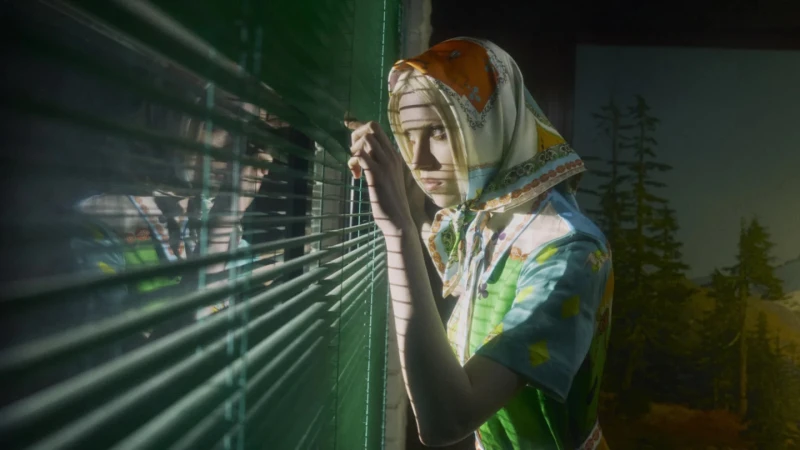 A young adult female is shown in an eye-level medium shot, looking through a window with green blinds and a silk patterned headscarf.