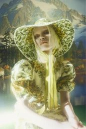 Model wearing a yellow and white floral dress and matching sun hat against a painted mountain backdrop
