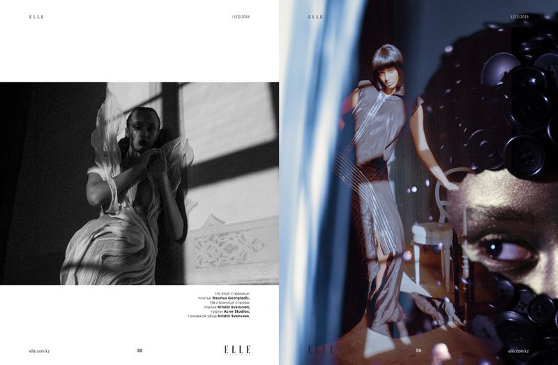 Fashion editorial featuring a woman in a draped dress and a woman in a modern dress, both in a surreal photo studio setting.