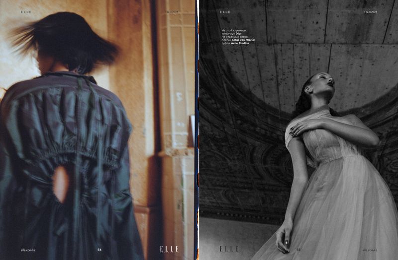 Fashion editorial featuring a woman in a dark, flowing jacket and another in a light dress inside a vintage building.