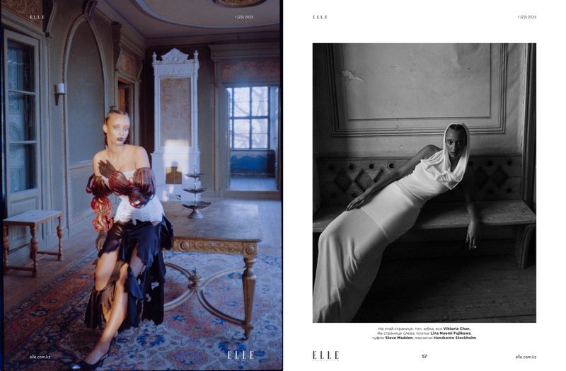 Editorial fashion shot featuring a woman in a couture-style gown, indoors, alongside a monochrome image of a woman in a draped gown.