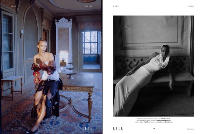 Editorial fashion shot featuring a woman in a couture-style gown, indoors, alongside a monochrome image of a woman in a draped gown.