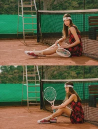 A young female model wearing a red plaid dress and white headband holds a tennis racket while seated on a clay tennis court.