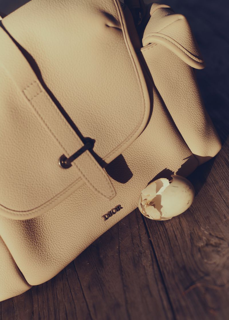 Beige leather backpack and damaged eggshell on a dark wood surface. Flat lighting emphasizes textures and shadows in a still life composition.