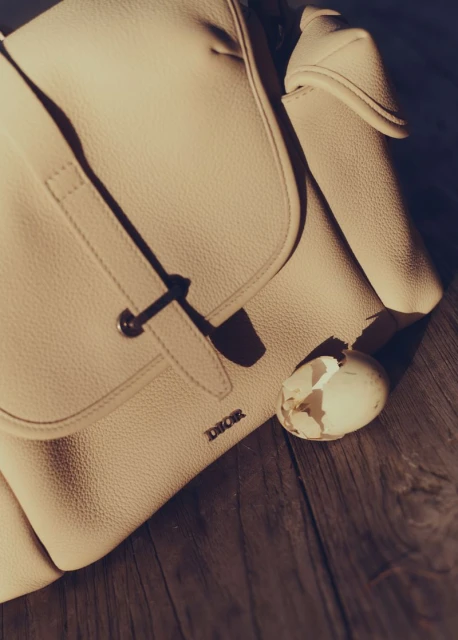 Beige leather backpack and damaged eggshell on a dark wood surface. Flat lighting emphasizes textures and shadows in a still life composition.