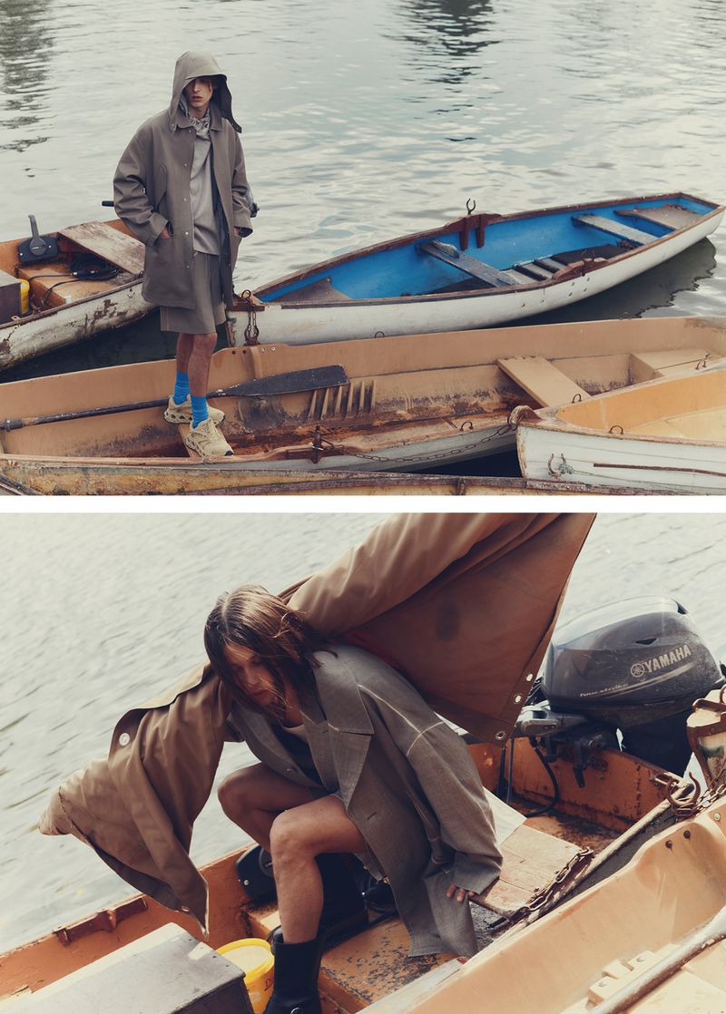 Two images showcase a young adult male in a hooded jacket and shorts on a boat with lake water in the backdrop, under overcast daylight.