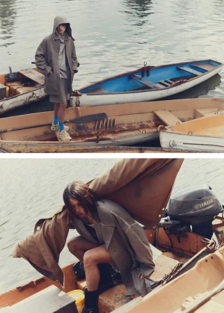 Two images showcase a young adult male in a hooded jacket and shorts on a boat with lake water in the backdrop, under overcast daylight.
