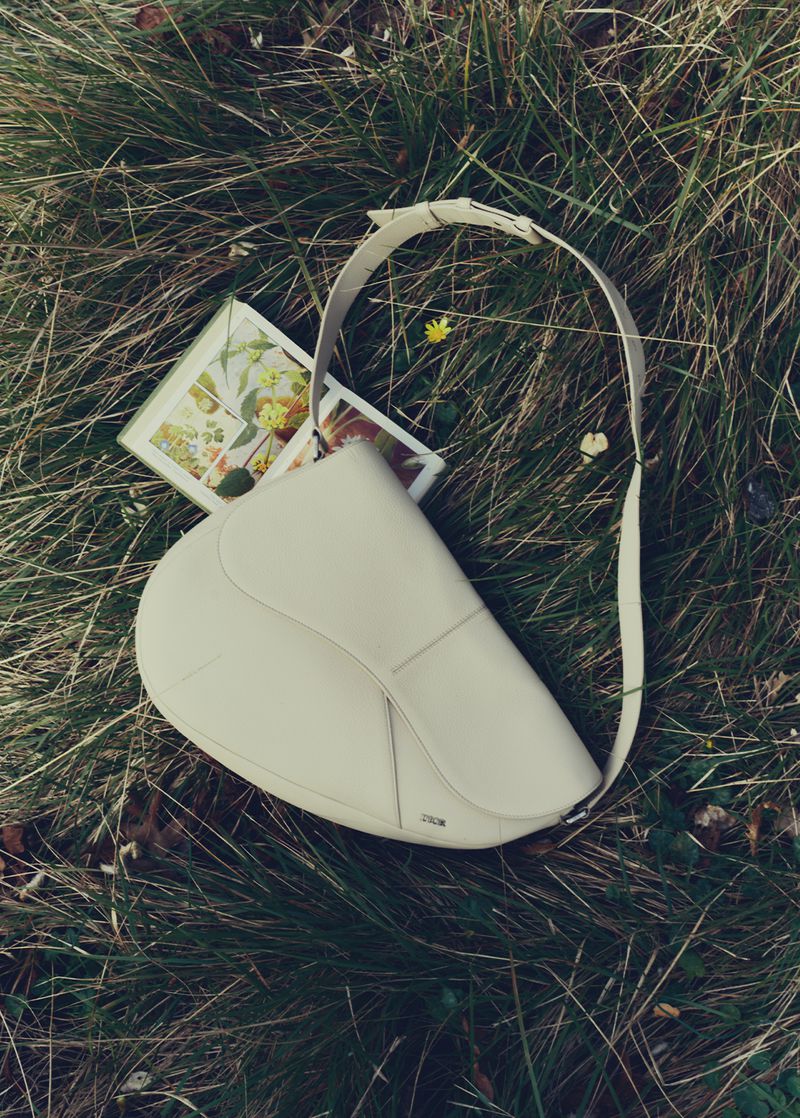 Ivory Dior saddle bag and floral-themed cards displayed on grassy field outdoors on overcast day with natural lighting.