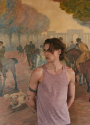 Young man wearing a pink tank top standing in front of an impressionistic mural showing figures on horseback