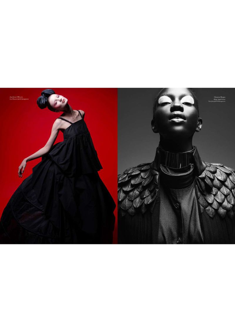 Two-panel fashion shot: an Asian model in a tiered black dress on a red background and a Black model with metallic accents on a gray background.