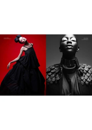 Two-panel fashion shot: an Asian model in a tiered black dress on a red background and a Black model with metallic accents on a gray background.