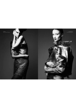 Two women in artistic fashion poses and avant-garde clothing, presented in a high-contrast black and white split-screen format.