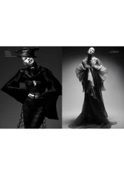 Two monochrome fashion editorial portraits featuring models in avant-garde black attire against a plain grey studio backdrop.