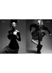 Two black and white fashion editorial images featuring models in avant-garde outfits and sculptural headpieces against a grey background.