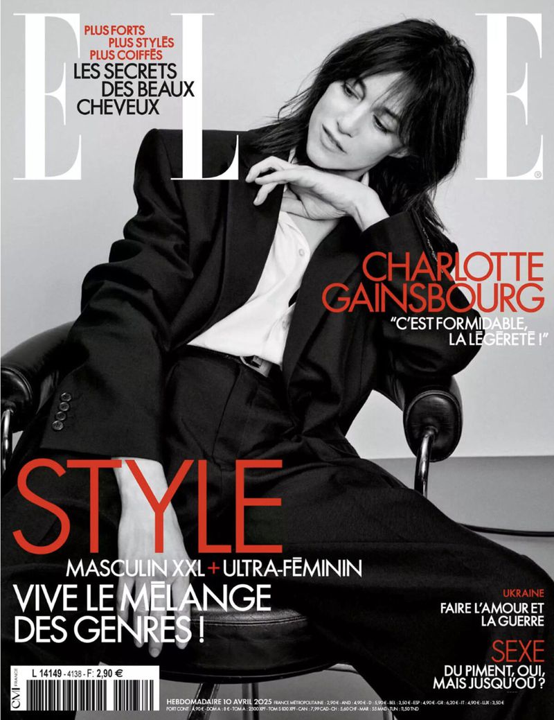 Magazine cover featuring Charlotte Gainsbourg in a black suit, styled with red 'STYLE' text, promoting gender diversity.