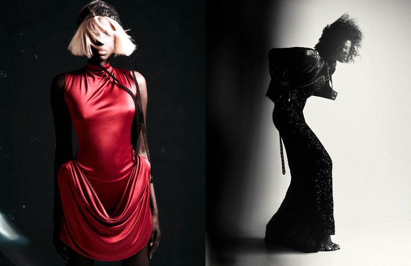 Model in shiny red silk dress with a blonde bob wig and black lace headpiece against dark background