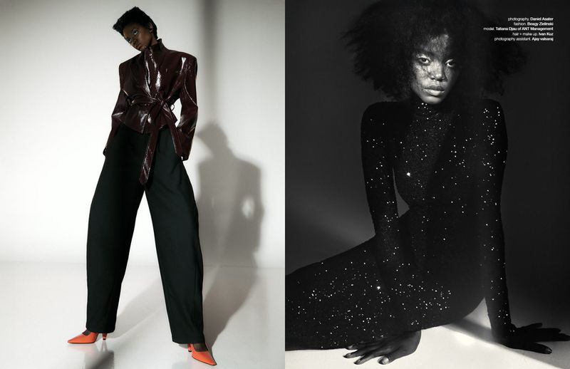 Fashion editorial featuring an African-descent woman wearing a red-brown jacket and another wearing a black glitter dress, against a neutral background.