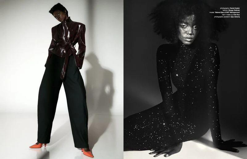 Fashion editorial featuring an African-descent woman wearing a red-brown jacket and another wearing a black glitter dress, against a neutral background.