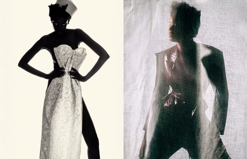Fashion shot of a dark-skinned woman in a corset dress with a hat, and another woman behind a translucent fabric in the background.