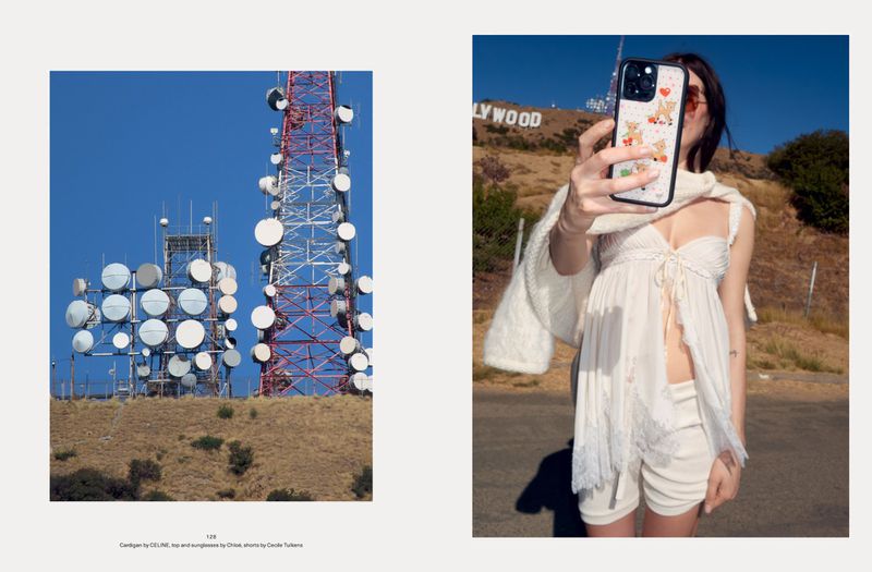 Woman takes a selfie with the Hollywood sign in the background, contrasted with an image of large telecommunications towers.