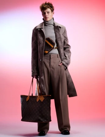 Model wearing a patterned coat and holding a large monogram tote bag against a pink gradient background.
