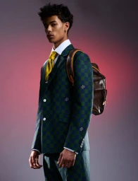A male model wearing a green checkered suit, white shirt, yellow tie, and carrying a monogram backpack against a gradient background.