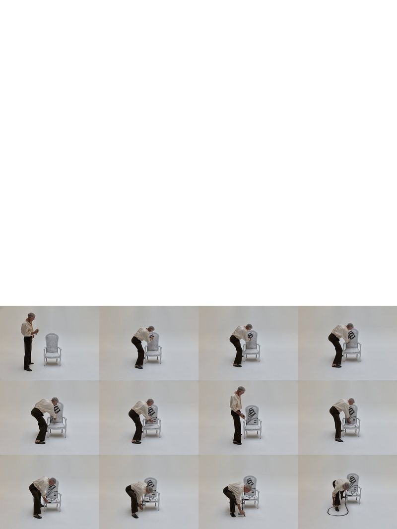 Multiple images show a man in a white shirt and black pants filling a water cooler from a hose in a white studio setting.