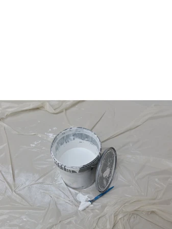 Open can of white paint with paintbrush on white surface, studio lighting, DIY, interior design, paint project, renovation concept.