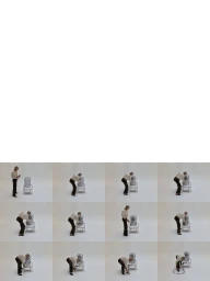 A multi-panel sequence showing a man interacting with a chair against a plain white studio background.