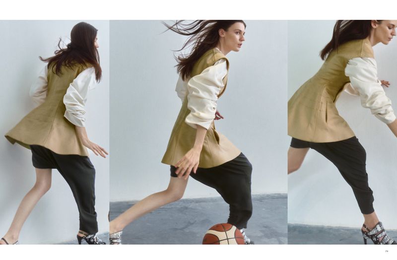 Three side-view panels of a woman in motion wearing a beige vest, white blouse, and black shorts, with a basketball near her foot.