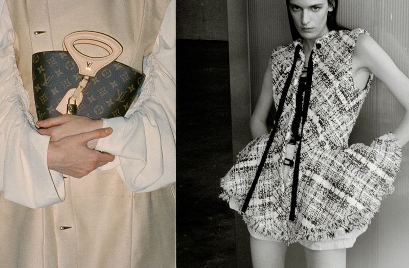 A fashion editorial featuring an adult woman in a tweed outfit, and a person holding a monogram handbag, presented in a split frame.