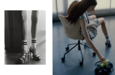Diptych fashion editorial featuring a model seated in an office chair and a close-up of legs in patterned heels and striped socks.