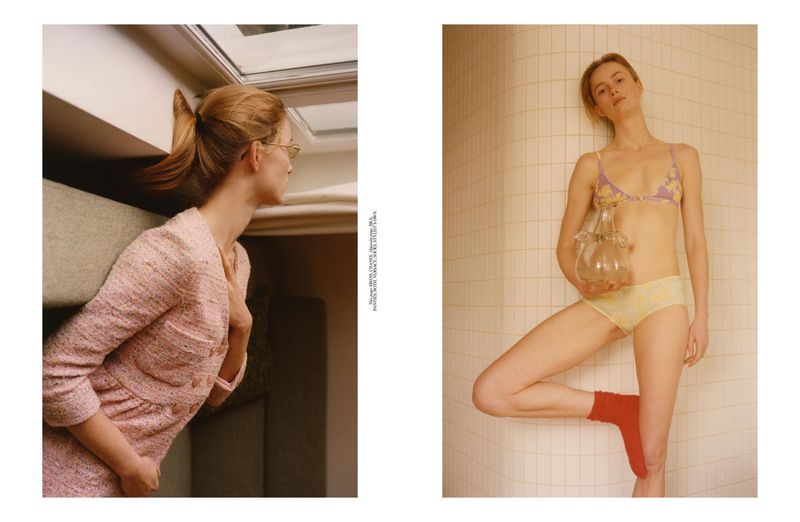 Two fashion shots of the same young adult woman, one in a pink dress, the other in a bikini and red sock, holding a glass vase.